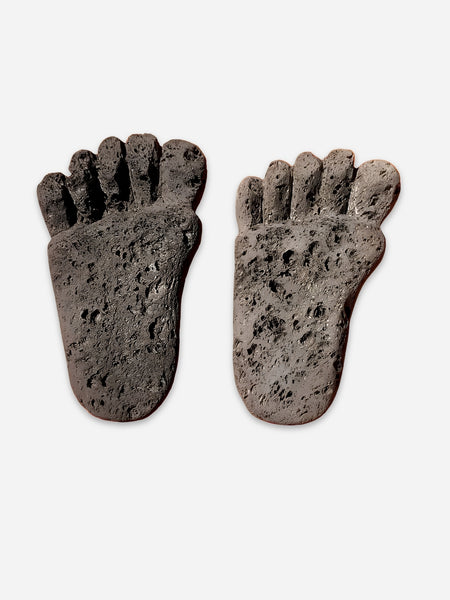 A pair of dark gray, textured lava stone foot-shaped pumice stones on a light gray background.