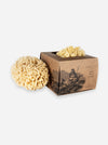 Two natural sea sponge bath brushes in a brown kraft paper box with an illustration of a fisherman, on a light gray background.