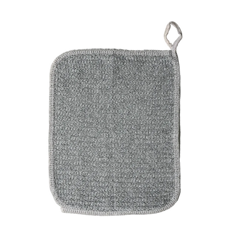 A gray textured charcoal infused face cloth with a small loop at the top corner, shown flat against a white background.