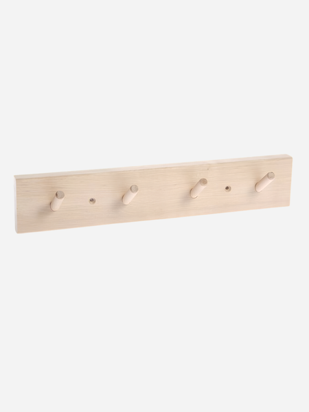 wooden peg hook rack made of light birch wood on a white background.