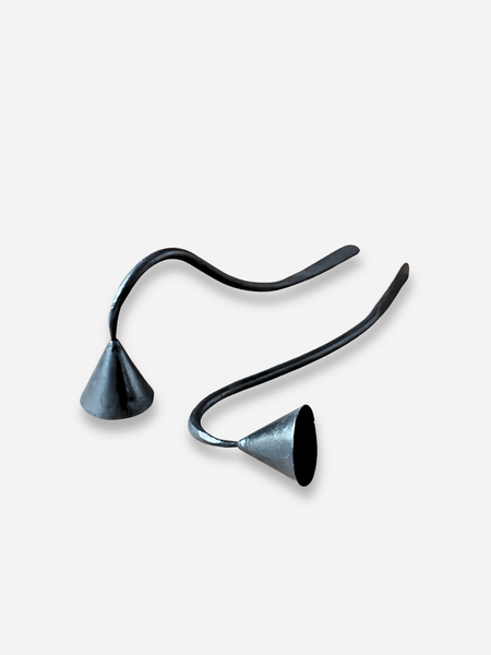 Handmade dark metal bell-shaped candle snuffers with curved stems, displayed on a white background.