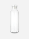 A clear glass bottle with a wide, rounded body and a short neck, shown empty against a light gray background.