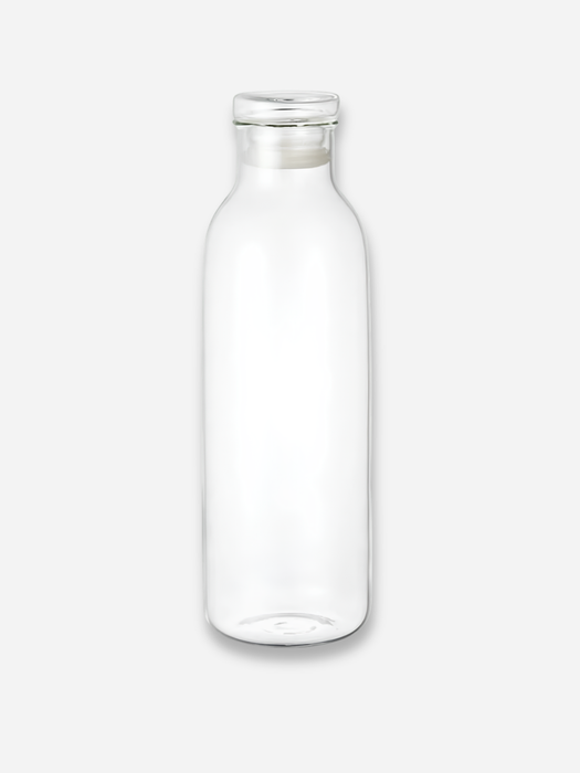 A clear glass bottle with a wide, rounded body and a short neck, shown empty against a light gray background.