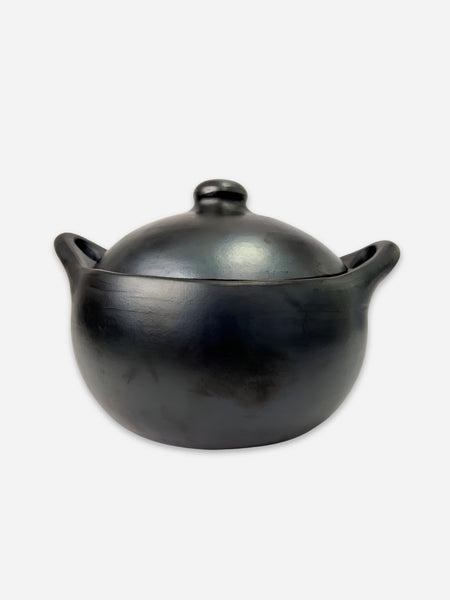 A black ceramic lidded pot with two side handles, photographed against a plain light gray background.