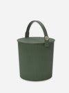 An olive green ribbed plastic bucket with a matching lid and a single top handle, featuring a small gold-tone metal accent on the strap, set against a plain light gray background.