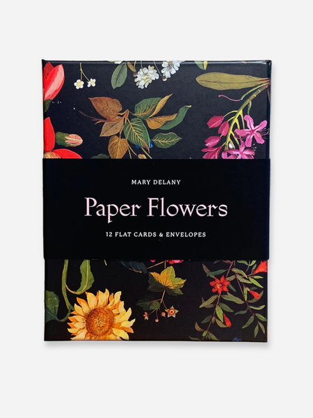 Paper Flowers card and envelope set by Mary Delany, featuring a black cover with colorful botanical illustrations and a central black band with white text.