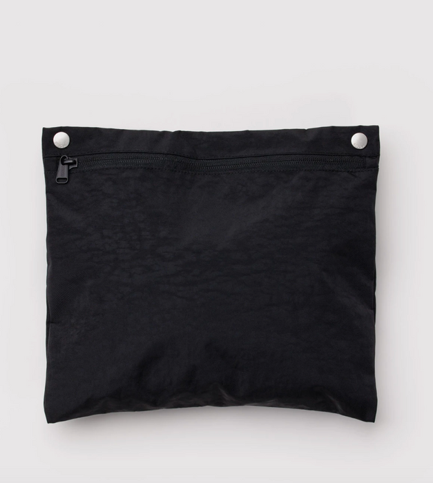 A black zippered pouch with two silver metal snap buttons on the top edge, shown against a light gray background.