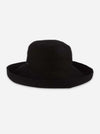 An black woven fedora hat with a wide brim, photographed from a side profile against a light gray background.