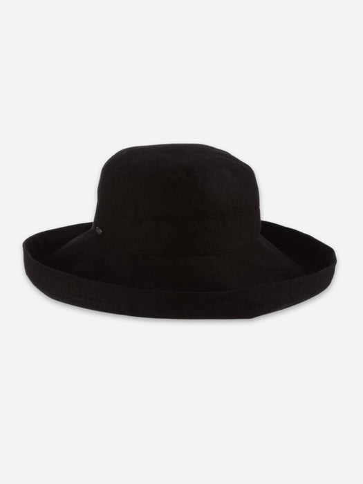 An black woven fedora hat with a wide brim, photographed from a side profile against a light gray background.