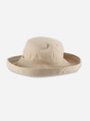 A light beige wide-brimmed bucket hat with a textured fabric, shown against a plain light gray background.
