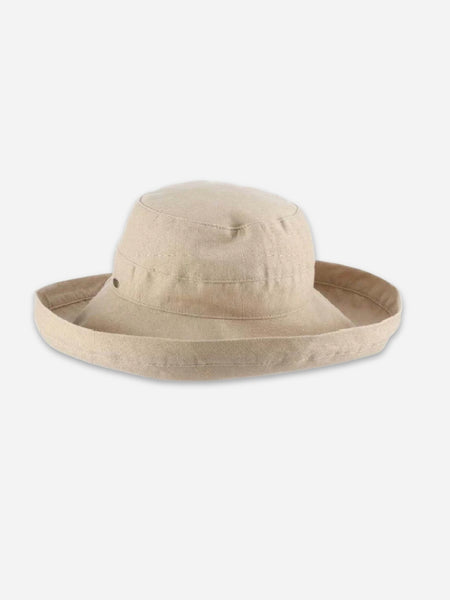 A light beige wide-brimmed bucket hat with a textured fabric, shown against a plain light gray background.