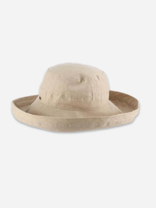 A light beige wide-brimmed bucket hat with a textured fabric, shown against a plain light gray background.