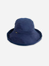 A navy blue bucket hat with a small gold logo on the side, photographed against a light gray background.