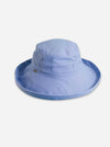 A light blue wide-brimmed sun hat with a soft, slightly wrinkled fabric texture, photographed on a clean, light gray background.