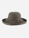 A wide-brimmed bucket hat in a muted olive-brown or taupe-gray color, shown from a front-facing perspective on a clean, light gray background.