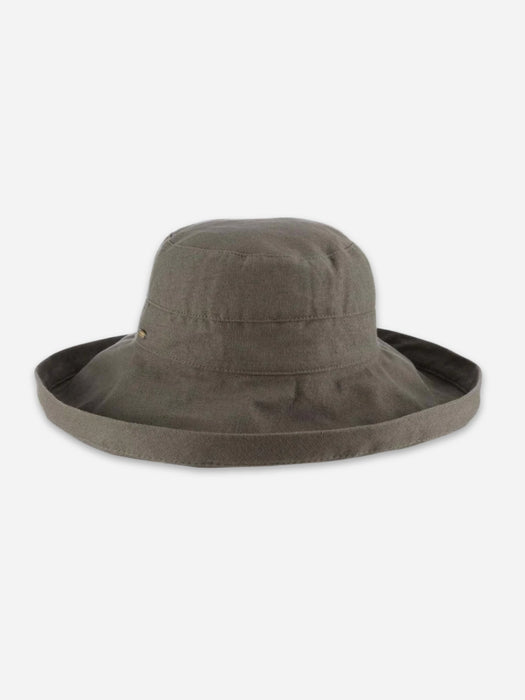 A wide-brimmed bucket hat in a muted olive-brown or taupe-gray color, shown from a front-facing perspective on a clean, light gray background.