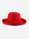 A bright red bucket hat with a wide brim, photographed from the front against a light gray background.