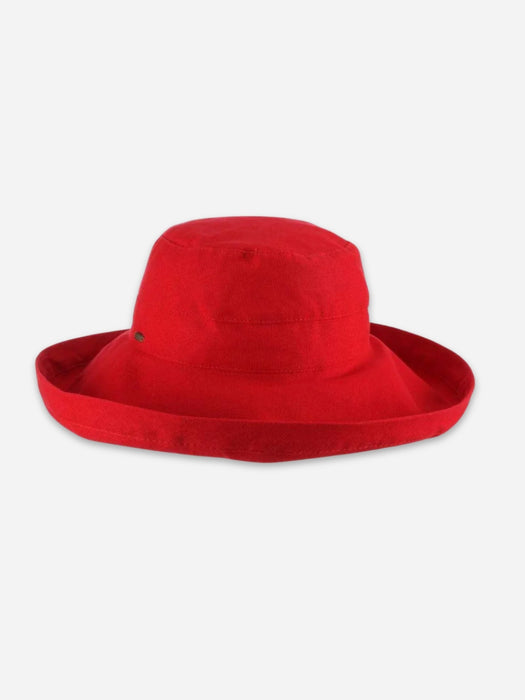 A bright red bucket hat with a wide brim, photographed from the front against a light gray background.