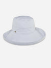 A white wide-brim sun hat with a small gold button detail on the side, shown against a plain light gray background.
