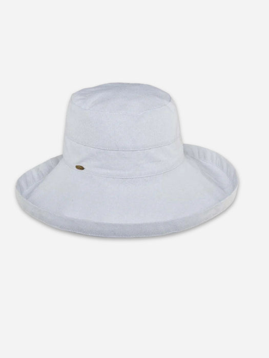 A white wide-brim sun hat with a small gold button detail on the side, shown against a plain light gray background.