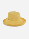 A yellow wide-brimmed bucket hat with a textured fabric, shown against a plain light gray background.