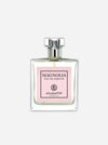 A clear glass perfume bottle with a silver cap and a light pink label reading 'MAGNOLIA EAU DE PARFUM' and 'elizabethW', centered on a light gray background.