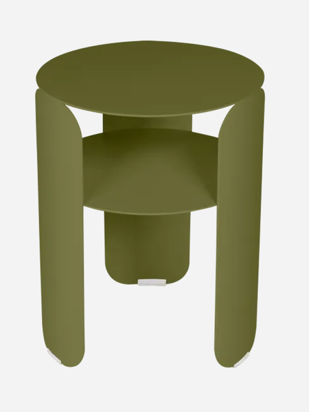 An olive green minimalist side table with a round top, open middle shelf, and integrated legs, shown on a plain white background.