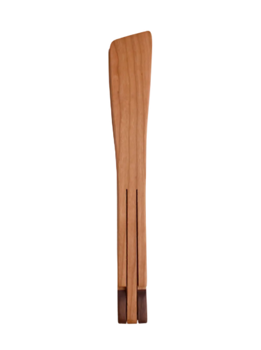 Salad tongs folded flat with a light natural wood finish and dark brown end caps, shown vertically against a plain white background.