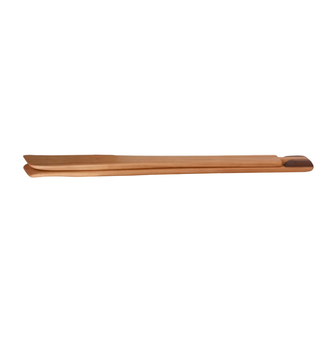 Wooden salad tongs folded flat  on a white background