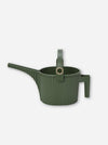 An olive green ribbed plastic watering can with a carrying handle and spout, shown against a plain white background.