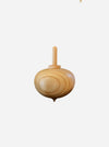 A small wooden toy spinning top with a natural light wood finish, shown against a plain light gray background.