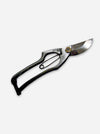 A pair of pruning shears with a polished silver stainless steel blade and a black ergonomic handle, shown on a light gray background.