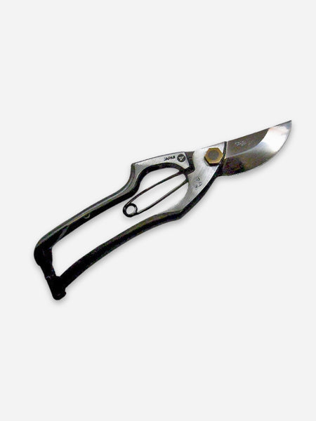 A pair of pruning shears with a polished silver stainless steel blade and a black ergonomic handle, shown on a light gray background.
