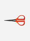 A pair of scissors with bright orange handles and silver metal blades, shown against a plain white background.