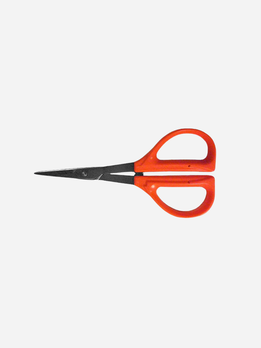A pair of scissors with bright orange handles and silver metal blades, shown against a plain white background.