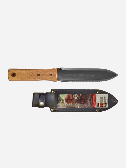 A fixed-blade knife with a light brown wooden handle and a dark gray steel blade, shown above its black sheath with a camouflage label, on a light gray background.
