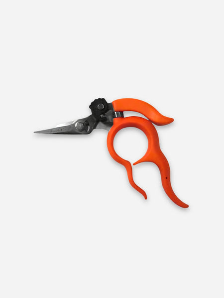 Bright orange pruning shears with a black pivot screw, shown on a light gray background.