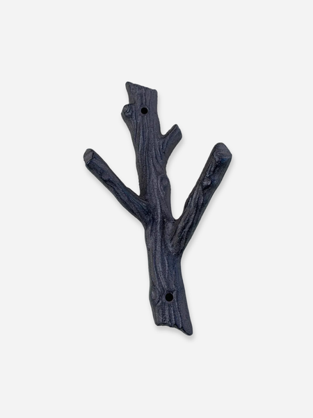 A dark charcoal gray branch-shaped wall hook with a textured wood grain finish, shown against a plain light gray background.