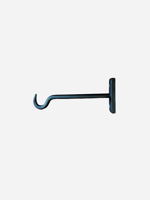 A single black metal wall hook with a flat mounting plate, shown against a plain light gray background.