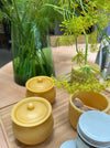 Yellow beeswax jars and a honey pot with a wooden dipper on a wooden table, alongside a green glass vase of dill and yellow flowers.