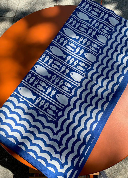 Home: Blue Fish Striped Square Tablecloth