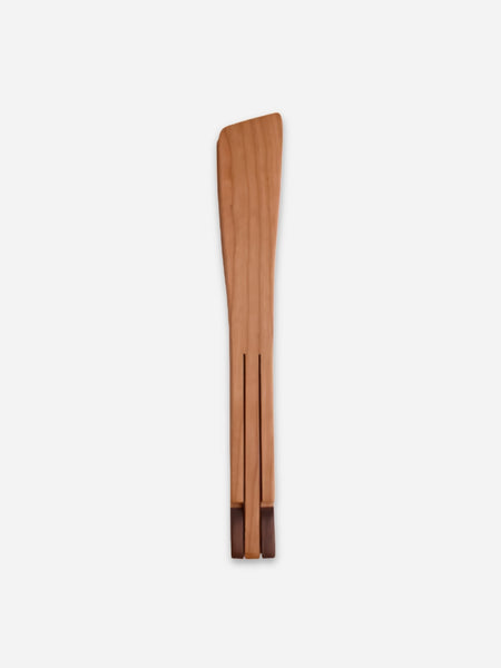 A wooden salad tongs with a warm medium-brown wood finish and darker brown end caps, centered on a plain light gray background.