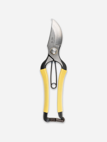 A pair of pruning shears with bright yellow handles and silver stainless steel blades, shown against a plain light gray background.