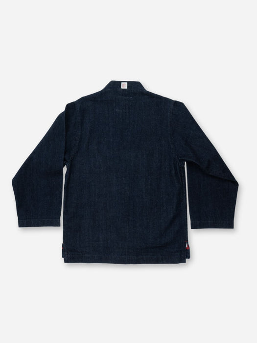 A dark navy blue long-sleeve jacket or overshirt shown from the back, laid flat against a plain white background.