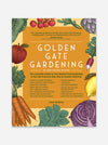 Golden Gate Gardening 20th Anniversary Edition book cover by Pam Peirce, featuring a warm yellow-orange background with illustrated vegetables around the border and large white title text.