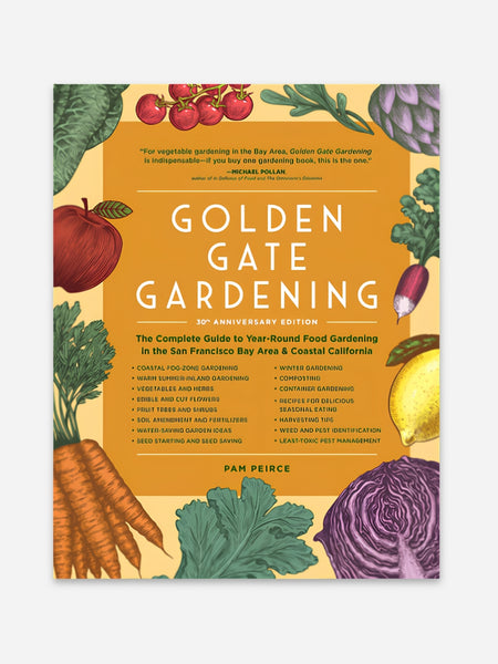 Golden Gate Gardening 20th Anniversary Edition book cover by Pam Peirce, featuring a warm yellow-orange background with illustrated vegetables around the border and large white title text.