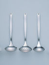 Three stainless steel kitchen ladles with long handles, shown side by side against a light blue-gray background.