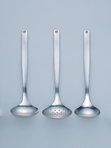 Three stainless steel kitchen ladles with long handles, shown side by side against a light blue-gray background.