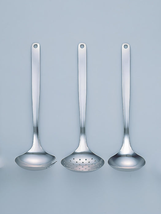 Three stainless steel kitchen ladles with long handles, shown side by side against a light blue-gray background.