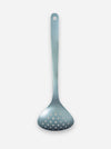 A stainless steel slotted ladle with a long handle and hanging hole, shown against a plain light gray background.